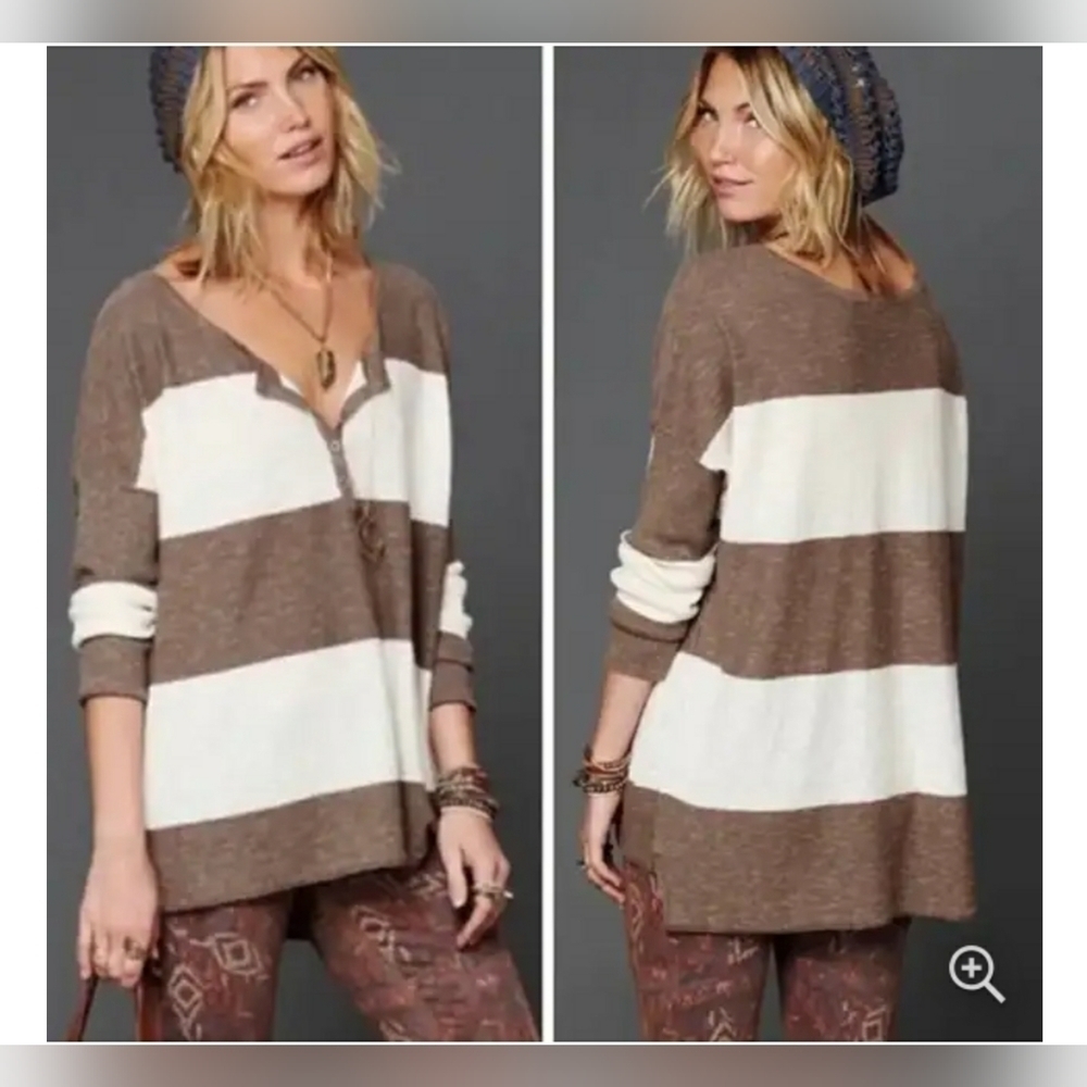 Free People Beach XS Gold Rush Brown White Striped Oversized Henley Top Linen